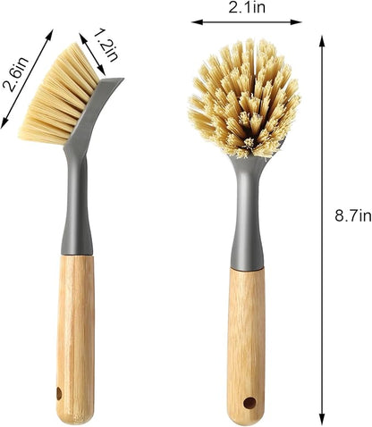Jiozermi 2 Pcs Kitchen Scrub Brush with Bamboo Handle, Dishwashing Brush Built-in Scraper, Dish Scrubber for Kitchen Cleaning, Pots, Pans, Sink, Counter and Cast Iron Cookware