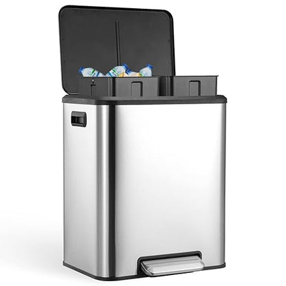 Kitchen Trash Can, 2x4 Gallon Rectangular Kitchen Waste Bin, Dual Separate Compartment Recycle Bin with Removable Plastic Inner Buckets, Soft Step-on with Lid