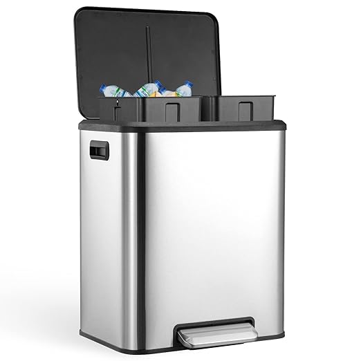 Kitchen Trash Can, 2x4 Gallon Rectangular Kitchen Waste Bin, Dual Separate Compartment Recycle Bin with Removable Plastic Inner Buckets, Soft Step-on with Lid