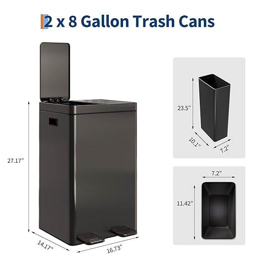 Takywep Dual Compartment Kitchen Trash Can - 2×8 Gallon (2×30L) Large Capacity - Stainless Steel Garbage Bin with Soft-Close Pedal, Removable Buckets & Lid - Recycling Bin for Kitchen, Home, Office