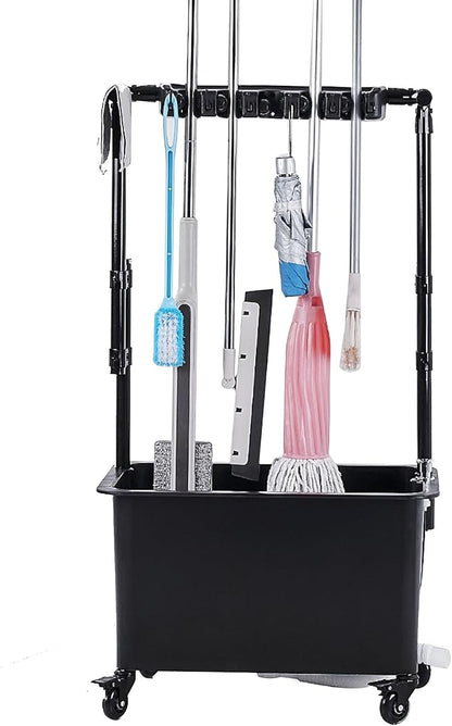 Mop Bucket and Broom Holder Cleaning Supplies Garden Tool Organizer Rack Cleaning Cart on Wheels Broom Storage Cabinet Freestanding Broom Closet for Garden Gara