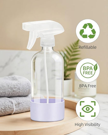 Worldgsb 2 Pack Glass Spray Bottles 8 oz, Empty Refillable Containers with Silicone Sleeve Protection, Glass Spray Bottles for Cleaning Solutions, Hair and Plants with Adjustable Nozzles Blue&Purple