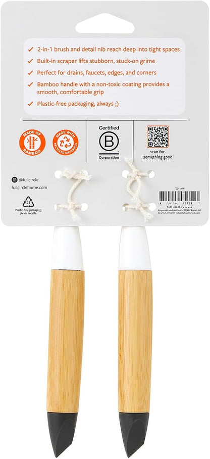 Full Circle Micro Manager, Deep Cleaning Brush for Crevices, Shower, & Grout, Tough Bristles, Sustainable Bamboo Handle, 2-Pack
