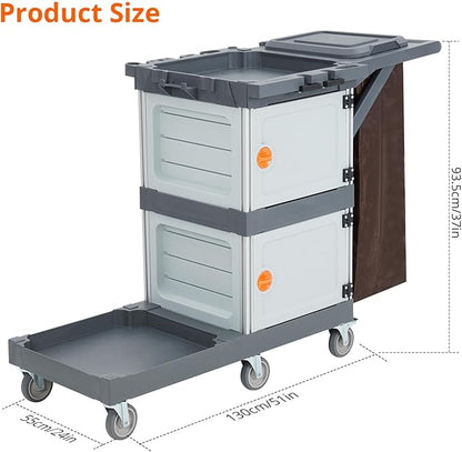 Commercial 3-Shelf Janitorial Cart with 2 Cabinet,Commercial Cleaning Cart on Wheels with Cover, Shelves, and Oxford Bag, Housekeeping Cleaning Caddy Service Carts for School Hotel Apartment