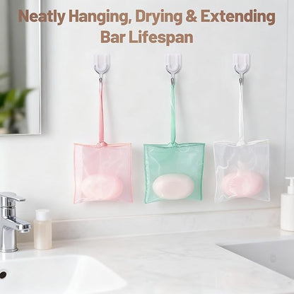 3pcs Bar Soap Saver Bag, Soft Organza Mesh Soap Pouch for Shower, Washing Body, Foamy Lather, Faster Drying &Extending Bar Conditioner Lifespan, Mild Exfoliation- Rose Pink, Mint Green, Creamy
