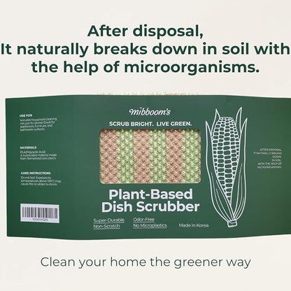mibboom's Plant-Based Dish Scrubber [10 Pack] - Non-Scratch Corn Scourer, Odor-Free Kitchen Sponges, No Microplastic Dish Cloths for Nonstick Pans, Made in Korea