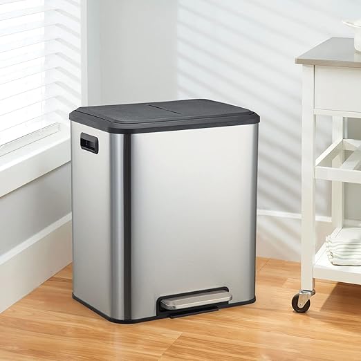 Kitchen Trash Can, 2x4 Gallon Rectangular Kitchen Waste Bin, Dual Separate Compartment Recycle Bin with Removable Plastic Inner Buckets, Soft Step-on with Lid