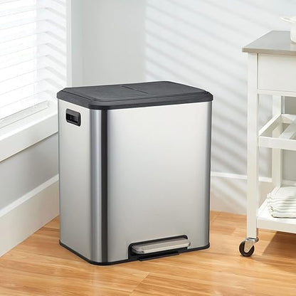 Kitchen Trash Can, 2x4 Gallon Rectangular Kitchen Waste Bin, Dual Separate Compartment Recycle Bin with Removable Plastic Inner Buckets, Soft Step-on with Lid