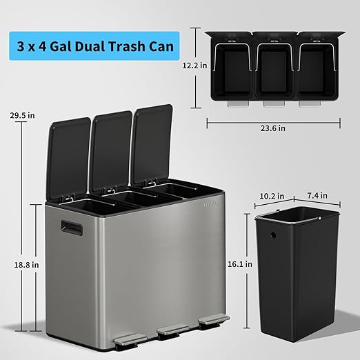 mVm 3 Compartment Trash Can, 3x4Gal Triple Step Trash Can with Double Layer Lids, Modern Kitchen Office Garbage Can（Gray）