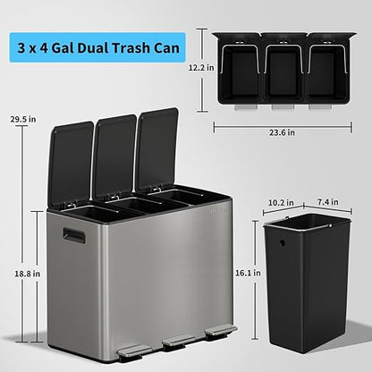 mVm 3 Compartment Trash Can, 3x4Gal Triple Step Trash Can with Double Layer Lids, Modern Kitchen Office Garbage Can（Gray）