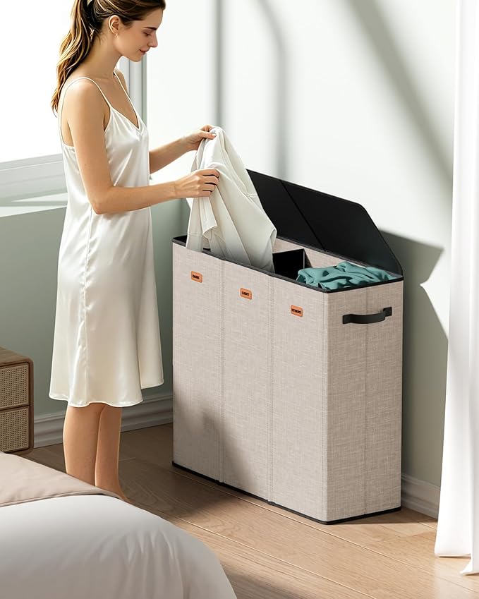 185L Laundry Hamper with Lid, 3 Section Laundry Sorter, Dirty Clothes Hamper with 3 Removable Bags, Extra Large Collapsible Laundry Basket for Home, Laundry Room