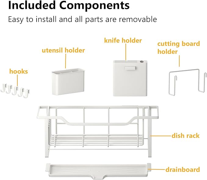 AIDERLY Narrow Dish Drying Rack for Kitchen Counter Auto Drain Iron Dish Drainer with Removable Cutlery Basket, White