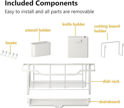 AIDERLY Narrow Dish Drying Rack for Kitchen Counter Auto Drain Iron Dish Drainer with Removable Cutlery Basket, White