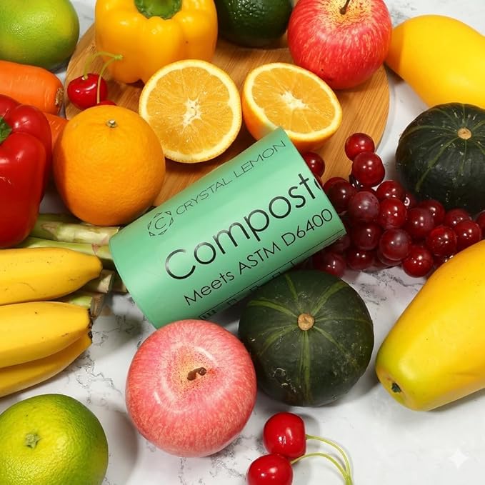 C Crystal Lemon 50 Count Biodegradable Kitchen Food Waste Bags - 6 Gallon Scraps Bags - Heavy Duty Compostable Waste Bags for Kitchen - Unscented Trash Bags 6 Gallon for Yard, Food