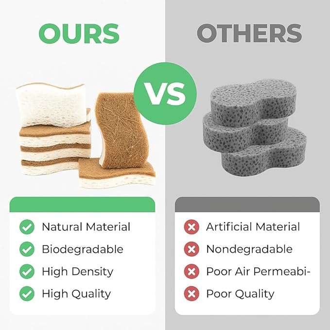 UCCO Eco Friendly Biodegradable Kitchen Sponges 12 Pack – Natural Compostable Cellulose with Coconut Scrubber – Sustainable Zero Waste Dish Sponges Set
