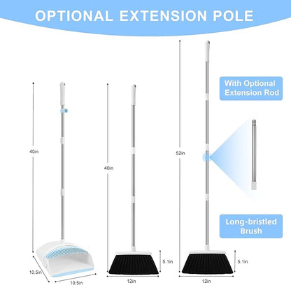 BSKLIN Broom and Dustpan Set, Broom with Dustpan Combo Set with Teeth to Clean Pet Hair 52-in Long Adjustable Handle Broom for Home Office Kitchen Lobby