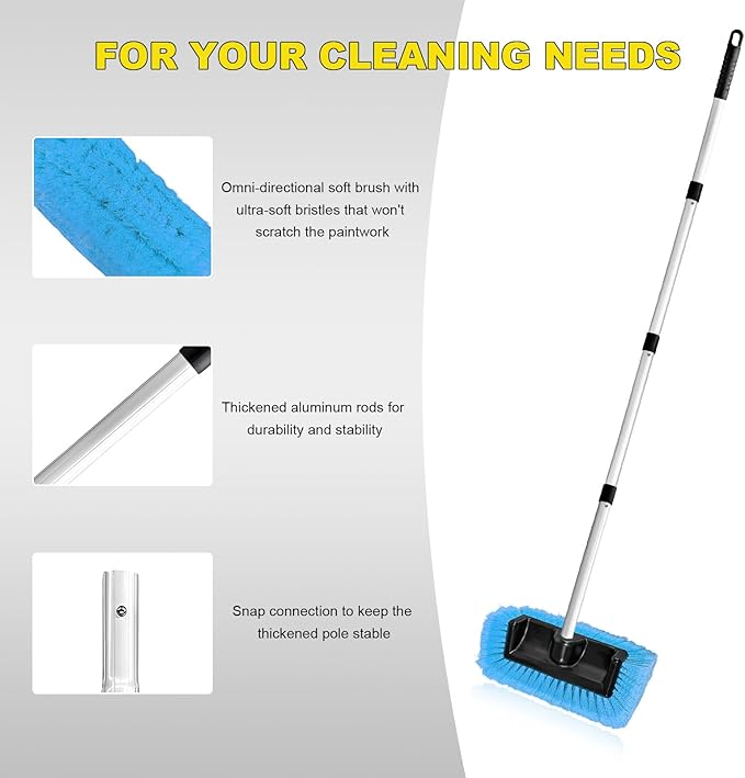 62.7" Car Wash Brush with Long Handle, Scratch-Free Washing Brushes with Five-Sided Soft Bristles, Adjustable Cleaning Brush Wash Mop Kit for RV Truck SUV House Siding (Blue)