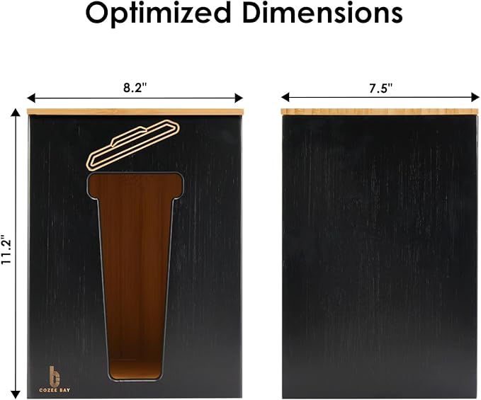 Bamboo Trash Bag Dispenser with Lid, Trash Bag Holder Organizer, Garbage Dispenser for Kitchen Countertop, Under Sink and Wall Mount - Extra Large (Black)
