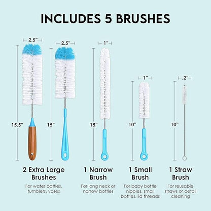 Turbo Microfiber Bottle Brush Cleaner Pack - Set of 5 Bottle Brushes for Cleaning Baby Bottles, Water Bottles, Tumblers, Wine Decanters, Flask, Bong, Vase Cleaner - One Straw Cleaner Brush