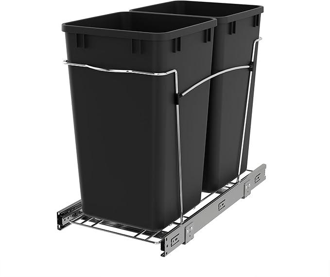 Rev-A-Shelf Double 27 Qt Pullout Trash Can for Base Kitchen Cabinets, Garbage Waste Bin System with Full Extension Slides, Min Opening Width of 11.5", Black, RV-15KD-18C S