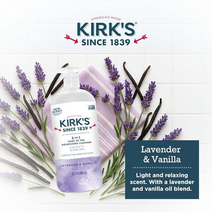 Kirk's 3-in-1 Head to Toe Nourishing Liquid Cleanser- for Men, Women & Children - Premium Coconut Oil & Aloe Vera- Non GMO & Vegan - Lavender and Vanilla - 32 Fl Oz. - 2 Pack