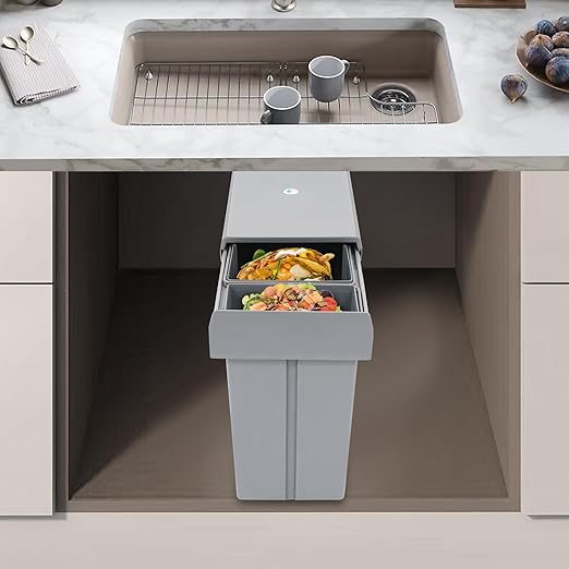Pullout Trash Can, 10L + 20L Pull Out Under Cabinet Trash Can with Lid, Kitchen Cabinet Garbage Can Sliding Out Under Counter Waste Bin (Grey)