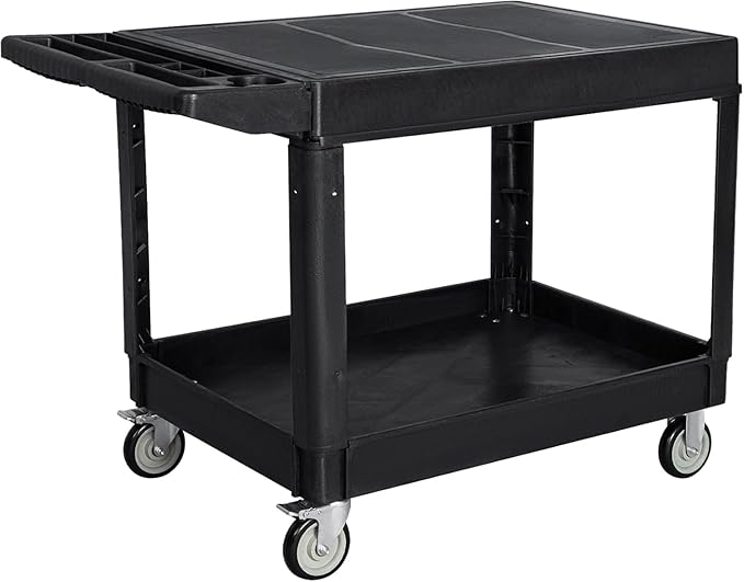 2 Tier Heavy Duty Utility Cart with Wheels, 1000 lbs Capacity Flat Top Plastic Rolling Tool Cart with Lipped Shelves, 46 x 26-Inch Mechanic Work Cart for Warehouse, Garage, Cleaning, Black