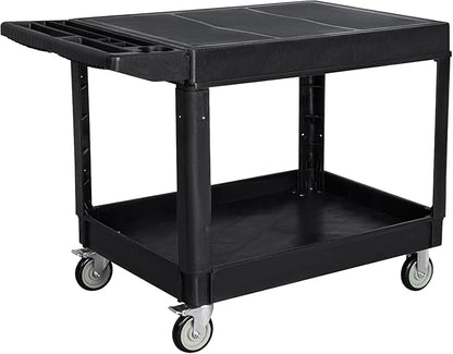 2 Tier Heavy Duty Utility Cart with Wheels, 1000 lbs Capacity Flat Top Plastic Rolling Tool Cart with Lipped Shelves, 46 x 26-Inch Mechanic Work Cart for Warehouse, Garage, Cleaning, Black