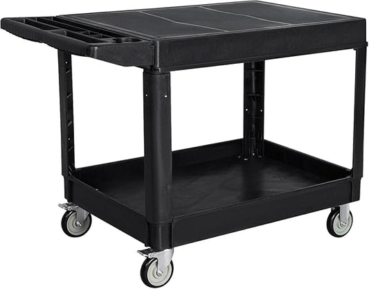 2 Tier Heavy Duty Utility Cart with Wheels, 1000 lbs Capacity Flat Top Plastic Rolling Tool Cart with Lipped Shelves, 46 x 26-Inch Mechanic Work Cart for Warehouse, Garage, Cleaning, Black