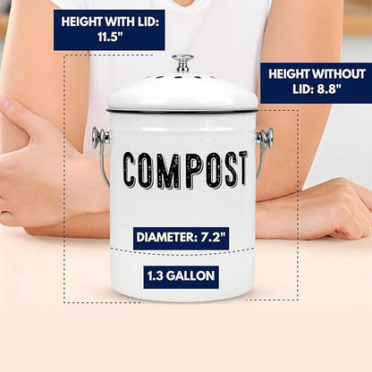 Granrosi Countertop Compost Bin Kitchen, 1.3 Gallon Stainless Steel Indoor Compost Bucket with Lid – Farmhouse Design, Odorless & Rust-Free Counter Pail with Carry Handle and 3 Charcoal Filters