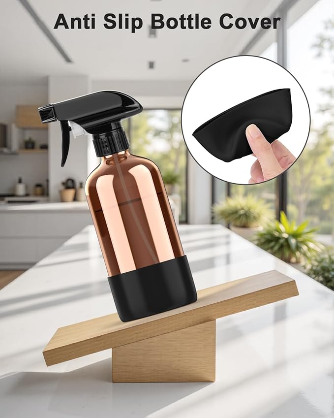 Bontip Amber Glass Spray Bottle with Silicone Sleeve Protection, 16 oz Refillable Spray Bottles for Cleaning Solutions, Plants, Aromatherapy, Facial Hydration (3, Black & Brown & Blue, 16 oz)