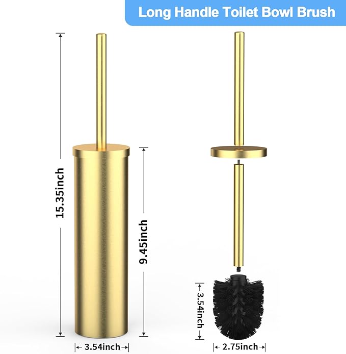 Stainless Steel Toilet Brush and Holder Set Brushed Silver Heavy Duty Toilet Bowl Brush with Long Handle for Bathroom and Farmhouse (Gold)