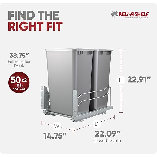Rev-A-Shelf Double Pullout Trash Cans for Full Height Kitchen Cabinets 50 Quart 12.5 Gallon with Soft-Close Slides, 14.5" Min Opening, 53WC-2150SCDM-217
