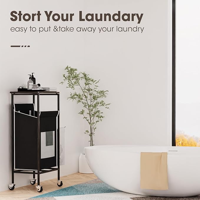 Laundry Hamper with Lid,Rolling Laundry Basket with Wheels,Metal Frame Sorter with Top Shelf and Removable Launddry Bags,Large Laundry organizer for Room, Bathroom, Bedroom (Black)