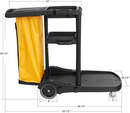 Durable Commercial Janitorial Cleaning Cart Caddy with Wheels Cover - 3 Shelves, Vinyl Bag, Black for Housekeeping Office, Stores, Schools