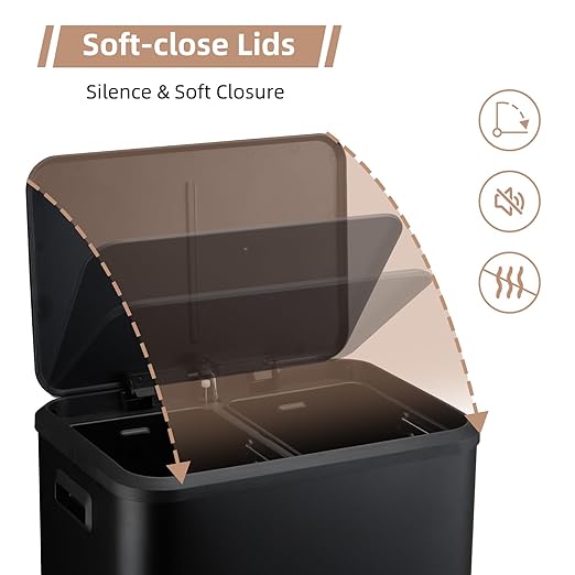 GAOMON Dual Bin Rectangular Trash Can, Stainless Steel Waste Bin with Lid, 30 Liters (2 X 15 L), Trash Can with Recycling Bin Combination, Soft Close and Airtight Lid - Black
