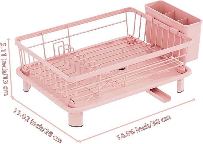 Cute Pink Dish Drying Rack with Drainboard,Dish Racks for Kitchen Counter Organization (with 4 Hooks)
