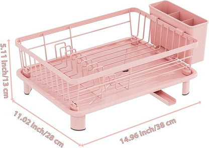 Cute Pink Dish Drying Rack with Drainboard,Dish Racks for Kitchen Counter Organization (with 4 Hooks)