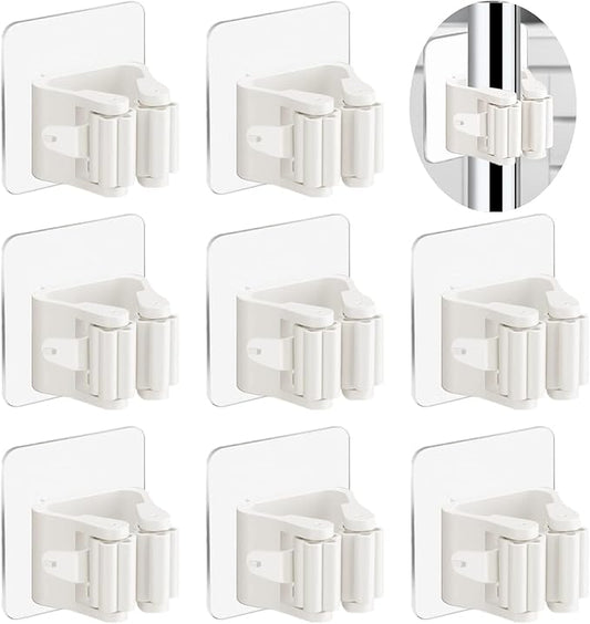 3-H 8-Pack Self Adhesive Broom Holder Wall Mount - Heavy Duty No Drill Broom Organizer for Garage Closet Kitchen, Plastic Storage Rack for Brooms Mops Tools, Peel and Stick Adhesive,Beige White