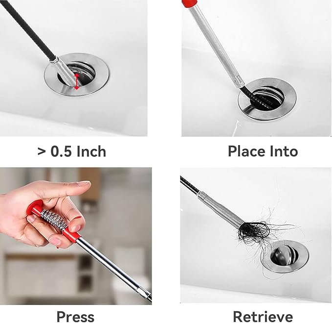 Drain Snake for Hair Clogs, 78 Inch Plumbing Auger Tool with Hook, Toilet Drain Clog Remover for Tub Pipes