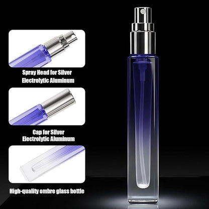 10ml 6Pack Refillable Perfume Travel Bottle,Mini Glass Spray Bottles, Fine Mist Portable Travel Perfume Atomizers (Blue+silvery cap)