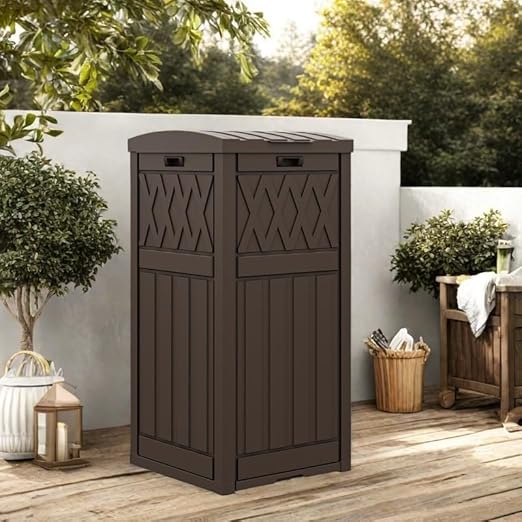 YITAHOME Outdoor Trash Bin with Layered Lid & Drip Tray 33 Gallon, Resilient Waterproof Garbage Can for Kitchen, Patio, Deck, Backyard, Dark Brown