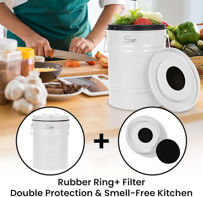 Chef's Star Countertop Compost Bin, Indoor Compost Bin, Small Composter, White, 0.8 Gallon, Metal