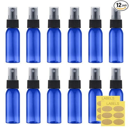 LISAPACK 1oz Small Plastic Blue Spray Bottle (12 Pack) Empty Mini Fine Mist Travel Size Atomizer, Tiny Sprayer for Little Perfume, Water, Cologne, Alcohol, Samples (Cobalt Blue, 30ml)