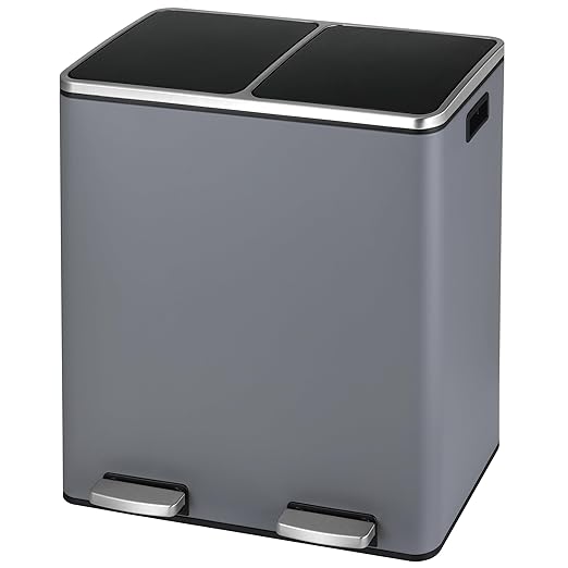 Arlopu Dual Trash Can, 2 x 8 Gallon (2 x 30 L) Hands-Free Trash and Recycle Bin Combo, Stainless Steel Kitchen Garbage Can with Soft-Close Lid, Removable Inner Buckets, Step Pedal, Airtight (Grey)