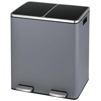 Arlopu Dual Trash Can, 2 x 8 Gallon (2 x 30 L) Hands-Free Trash and Recycle Bin Combo, Stainless Steel Kitchen Garbage Can with Soft-Close Lid, Removable Inner Buckets, Step Pedal, Airtight (Grey)