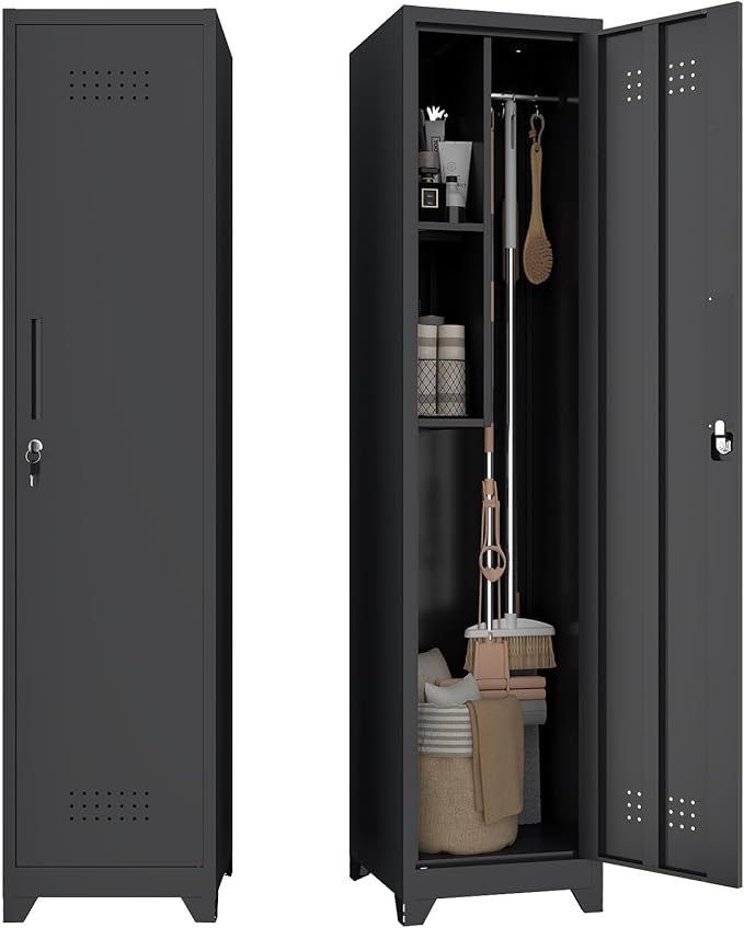 Garage Storage Cabinet, Metal Broom Closet Storage Cabinet,Utility Closet Cabinet for Garage,Office,Gym,Black