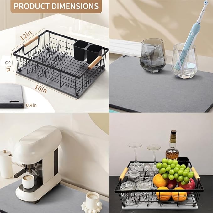 Dish Drying Rack with Stone Dish Drying Mat for Kitchen Counter, Dish Drainer with Diatomaceous Earth Quick Dry Mat, Organization and Storage Essentials with Cup & Cutlery Holders