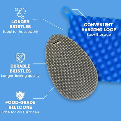 Silicone Dish Sponge Dish Scrubber (Oval and Square) - Dual-Sided, Food Grade Silicone Sponges for Dishes and Housecleaning 2-Pack
