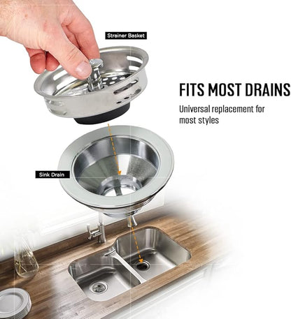 HIGHCRAFT 9843-2 Stainless Steel Kitchen Sink Strainer Basket Replacement for Standard Drains (3-1/2 Inch) -Universal Style Rubber Stopper (Pack of 2)